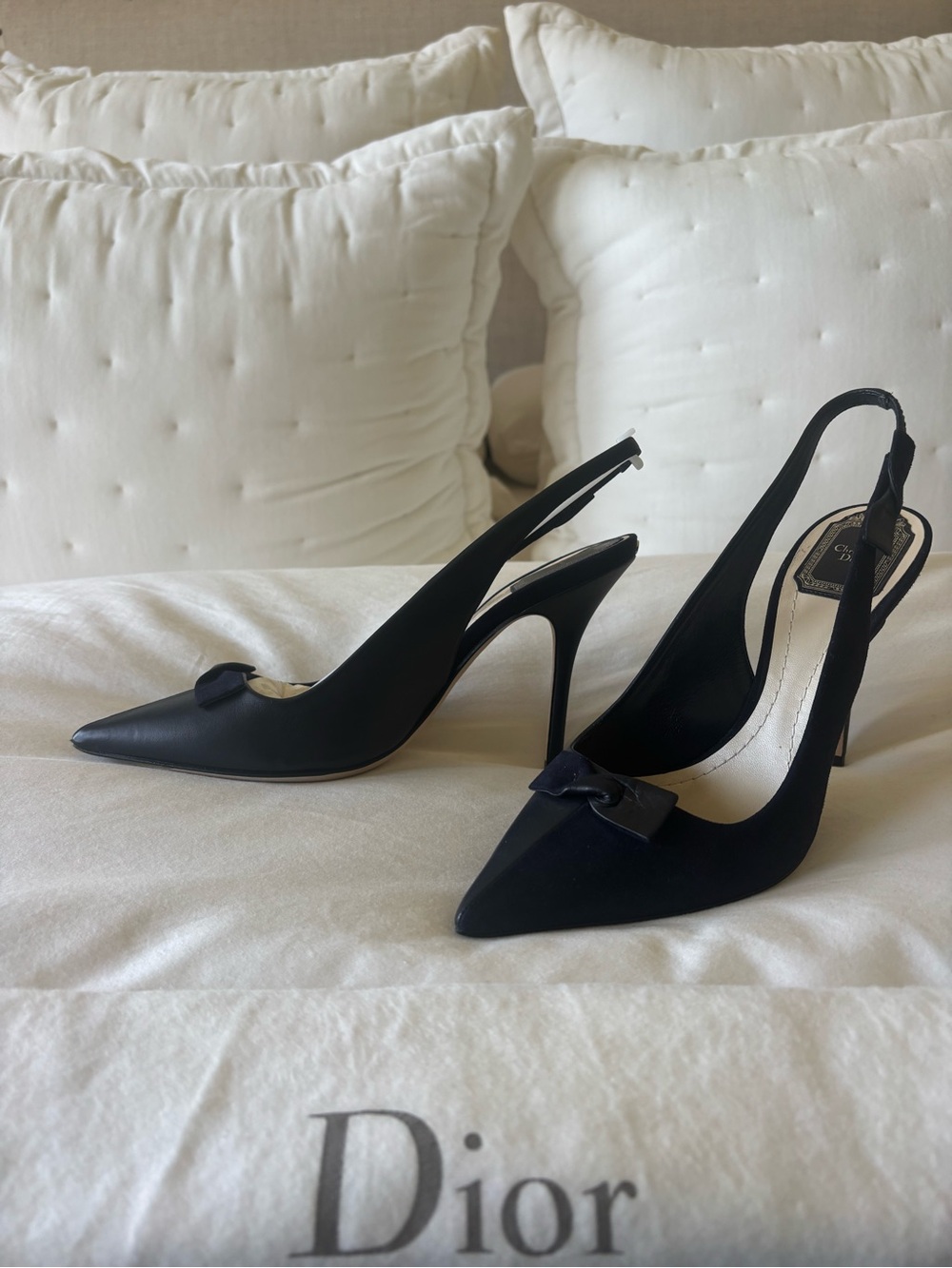 New! Christian Dior Navy Suede & Leather Bow Slingback Heels 381/2